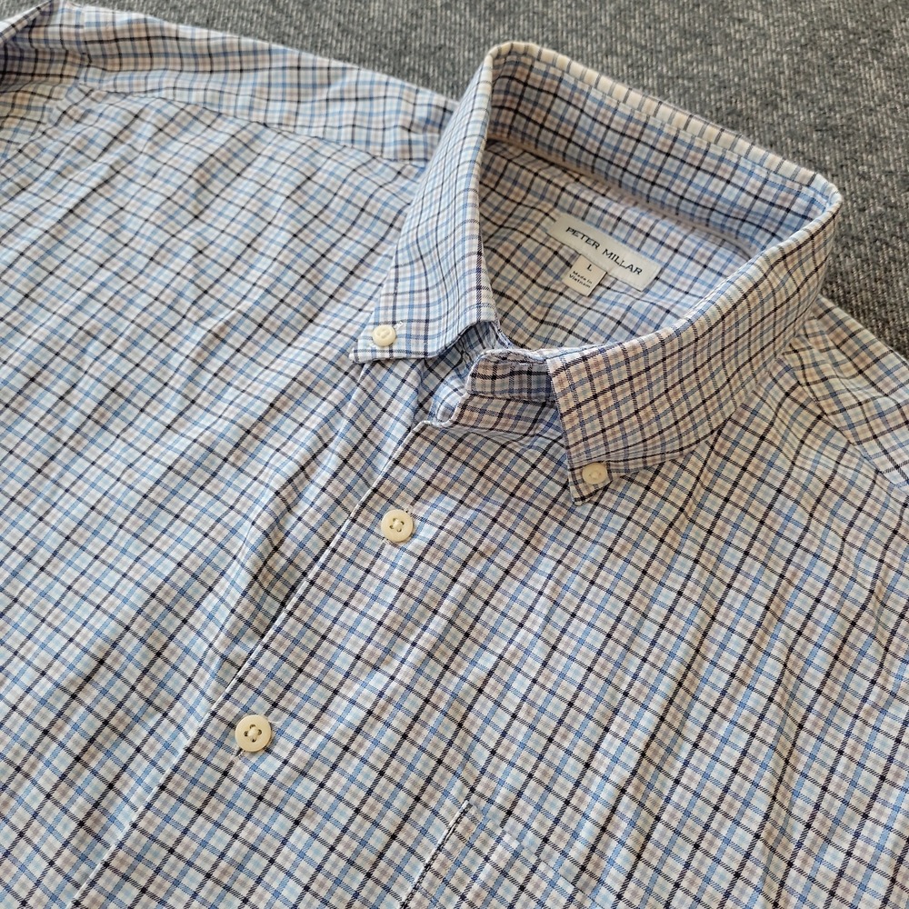 Peter Millar Crown Sport Blue Plaid Performance Button Down Shirt Mens Large
